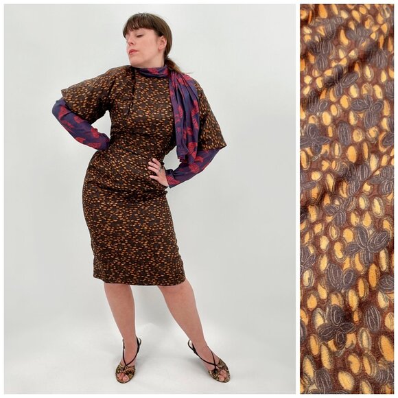 Vintage 50s Brown Printed Belted Sheath Wiggle Bombshell Dress S/M - Picture 1 of 12